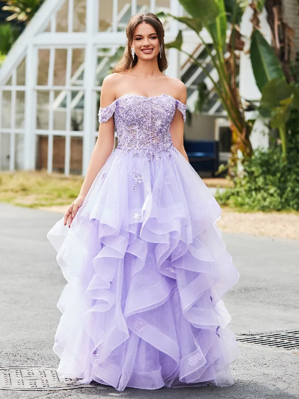 Off-the-shoulder Tulle Prom Dress with Floral Appliqued Lace Lilac Tunics Cozy comfortable