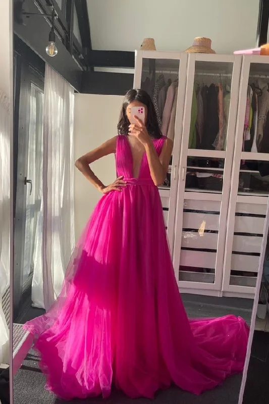 V-neck Fuchsia Prom Gown A-line Tulle Skirt cashmere skirt fine