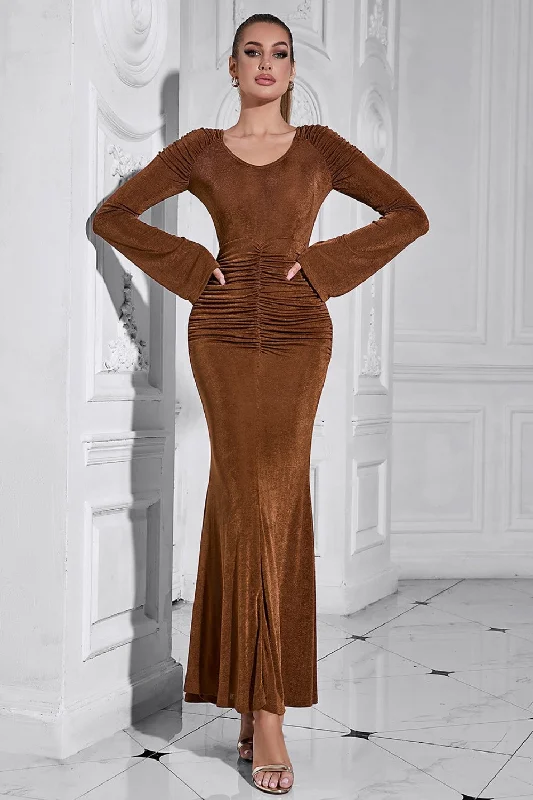 Brown Mermaid Long Sleeves Ruched Round Neck Long Prom Dress Tunics Trendy modern