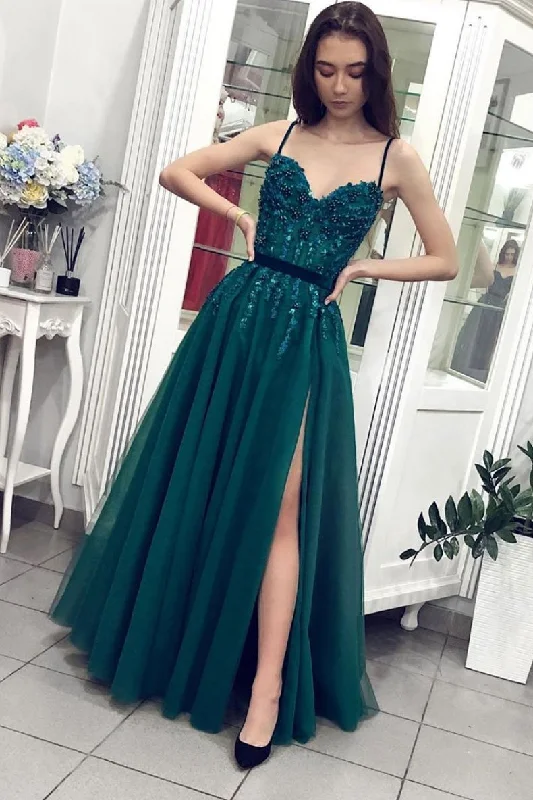 Green A Line Tulle Spaghetti Straps Beaded Long Prom Dress DMP76 Tunics Sophisticated sleek