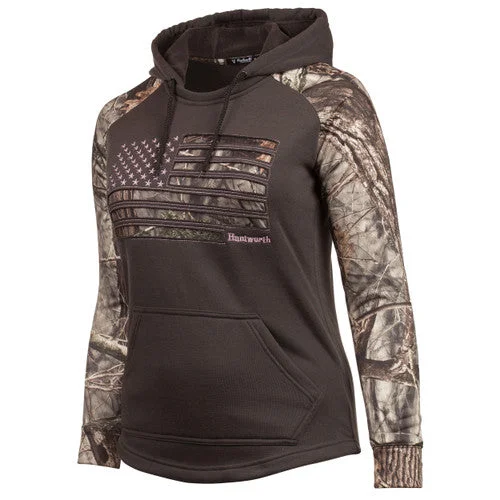 Huntsworth Knit Jersey Hoodie Horizontal Camo Flag Women's Hoodie with Raw Hem Edgy Unfinished