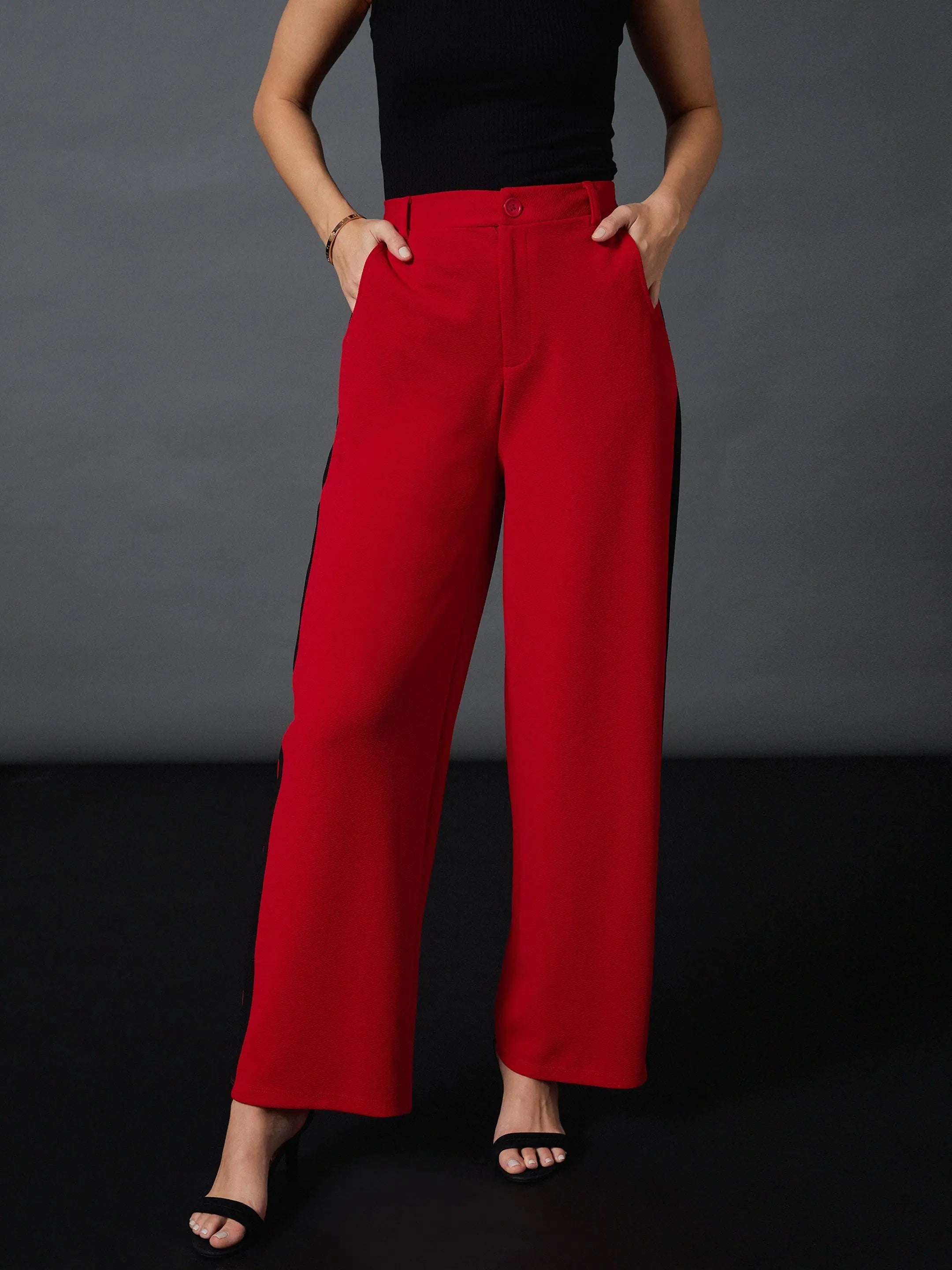 Women Red Side Tape Straight Pants Formal Stretch Pants