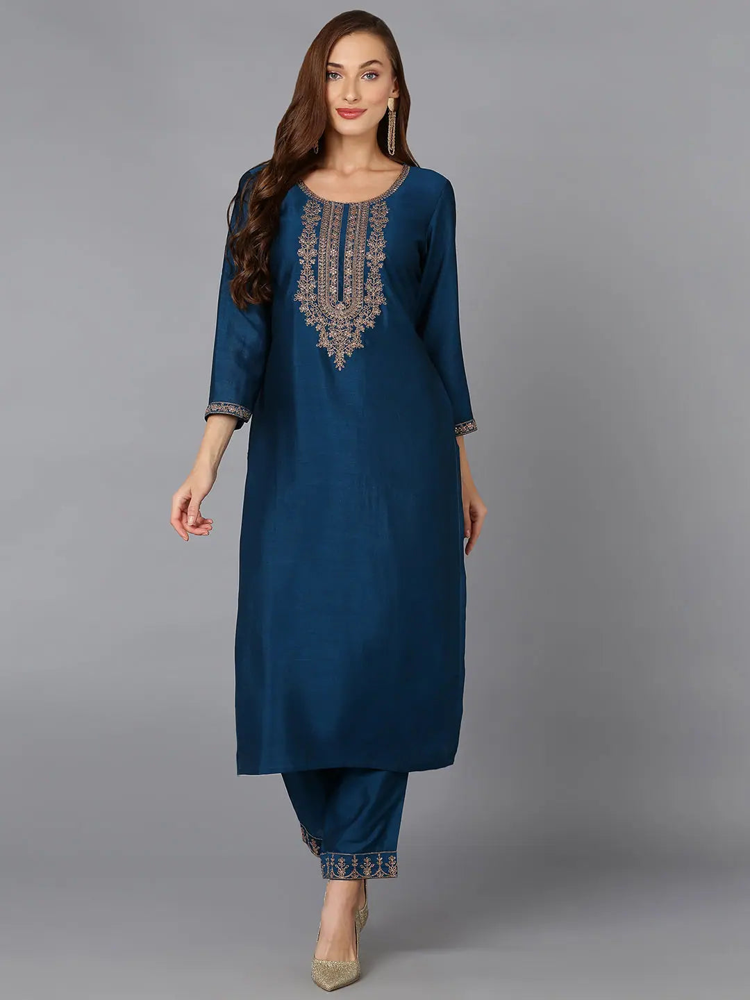 Silk Blend Firozi Embroidered Kurta With Pant Chic Wool Trousers
