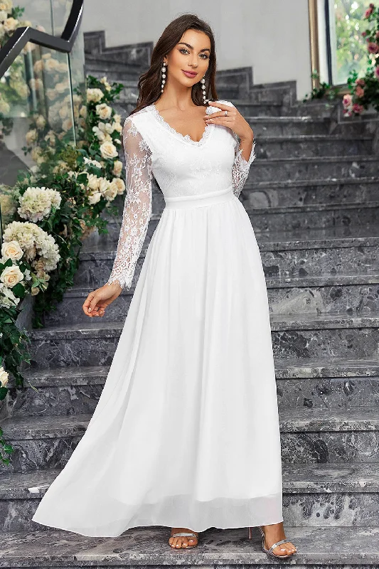 A-Line Long Sleeves V Neck Long White Dress Tunics Silk luxurious