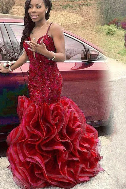 Red Lace Mermaid Style Prom Gown Ruffles Skirt vestido de fiesta de graduación corduroy skirt cozy