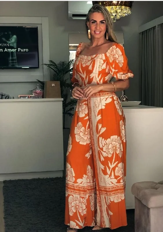 Women's Fashion Orange Floral Dress L S4602542 Tunics Favorite customer