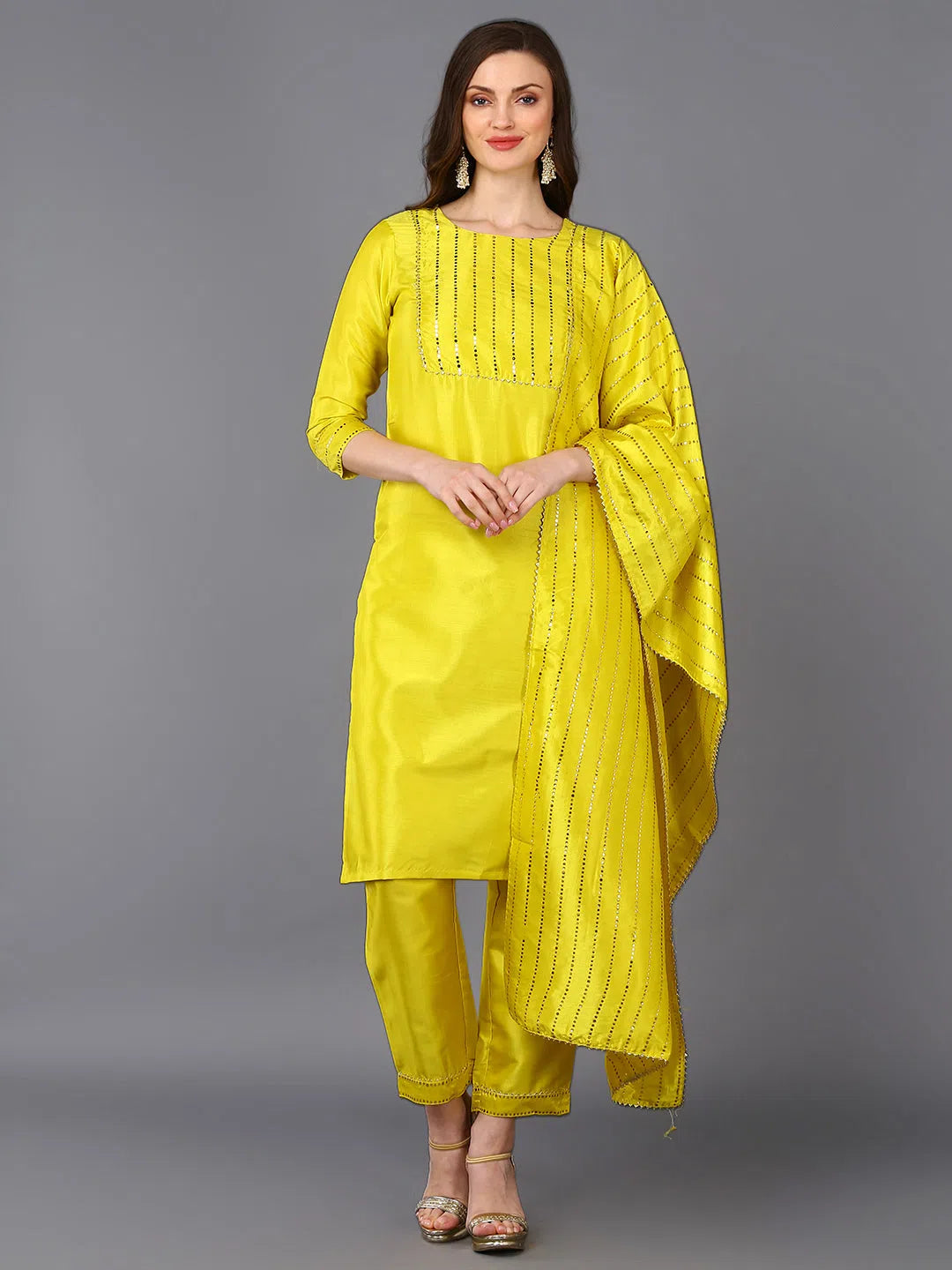 Poly Chanderi Yellow Straight Kurta Pant With Modern Skinny Pants