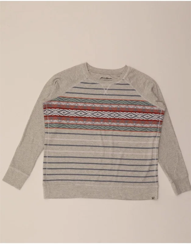 EDDIE BAUER Womens Sweatshirt Jumper UK 18 XL Grey Striped Cotton Hoodie with Puffed Sleeves Voluminous Trendy