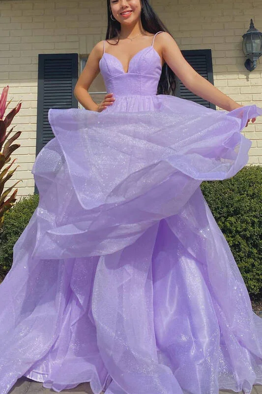 Princess Lavender Tiered Spaghetti Straps A Line Long Prom Dress DMP024 Tunics Cozy comfortable