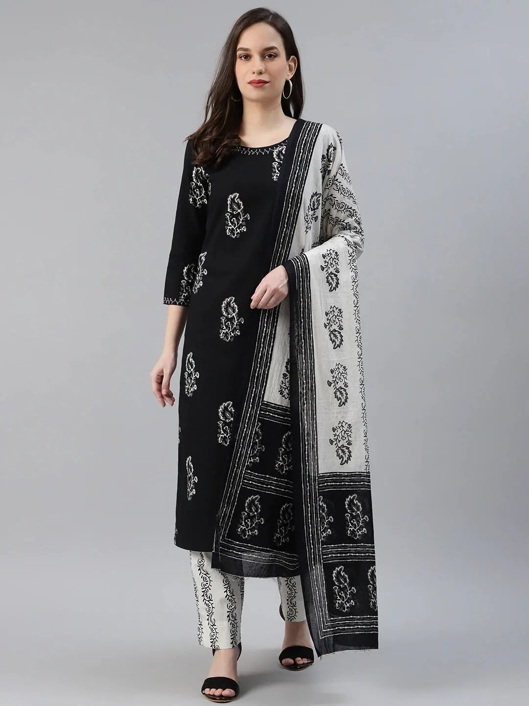 Ahika Cotton Printed Kurta Pant Dupatta Set-VKSKD1028B_L Soft Stretch Trousers
