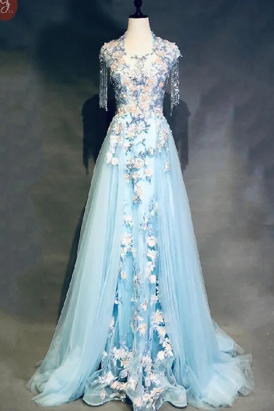 Light Blue Cap Sleeves Prom Dress with Beading, Formal Evening Dress DMN42 Tunics Velvet soft