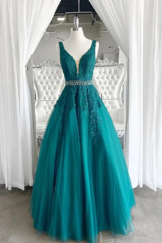 A Line V Neck Dark Green Lace Appliques Prom Dresses, Formal Evening Dresses DM1991 Tunics Gym athletic