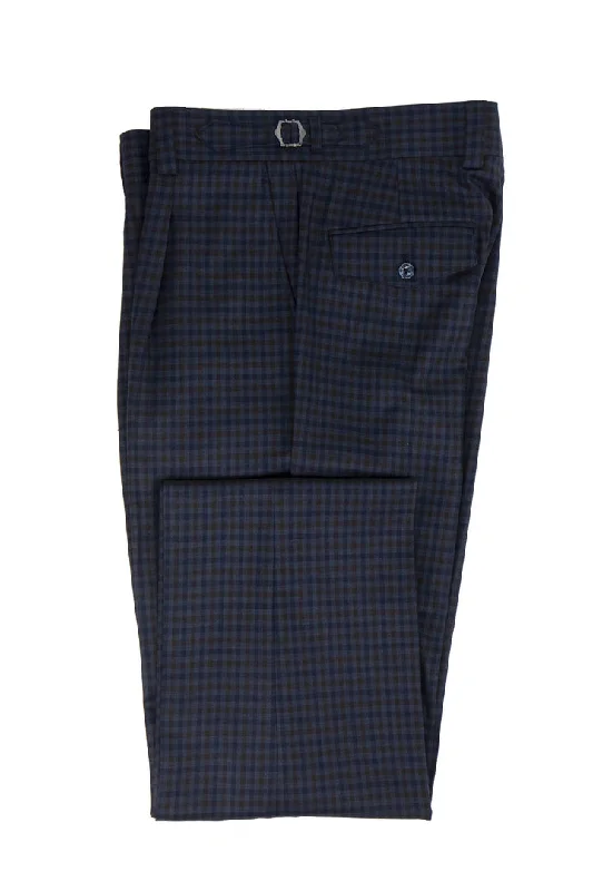 Tiglio Luxe Navy and Brown Check Semi-Wide Leg Wool Marbella Dress Pants TL5543 Formal Stretch Pants