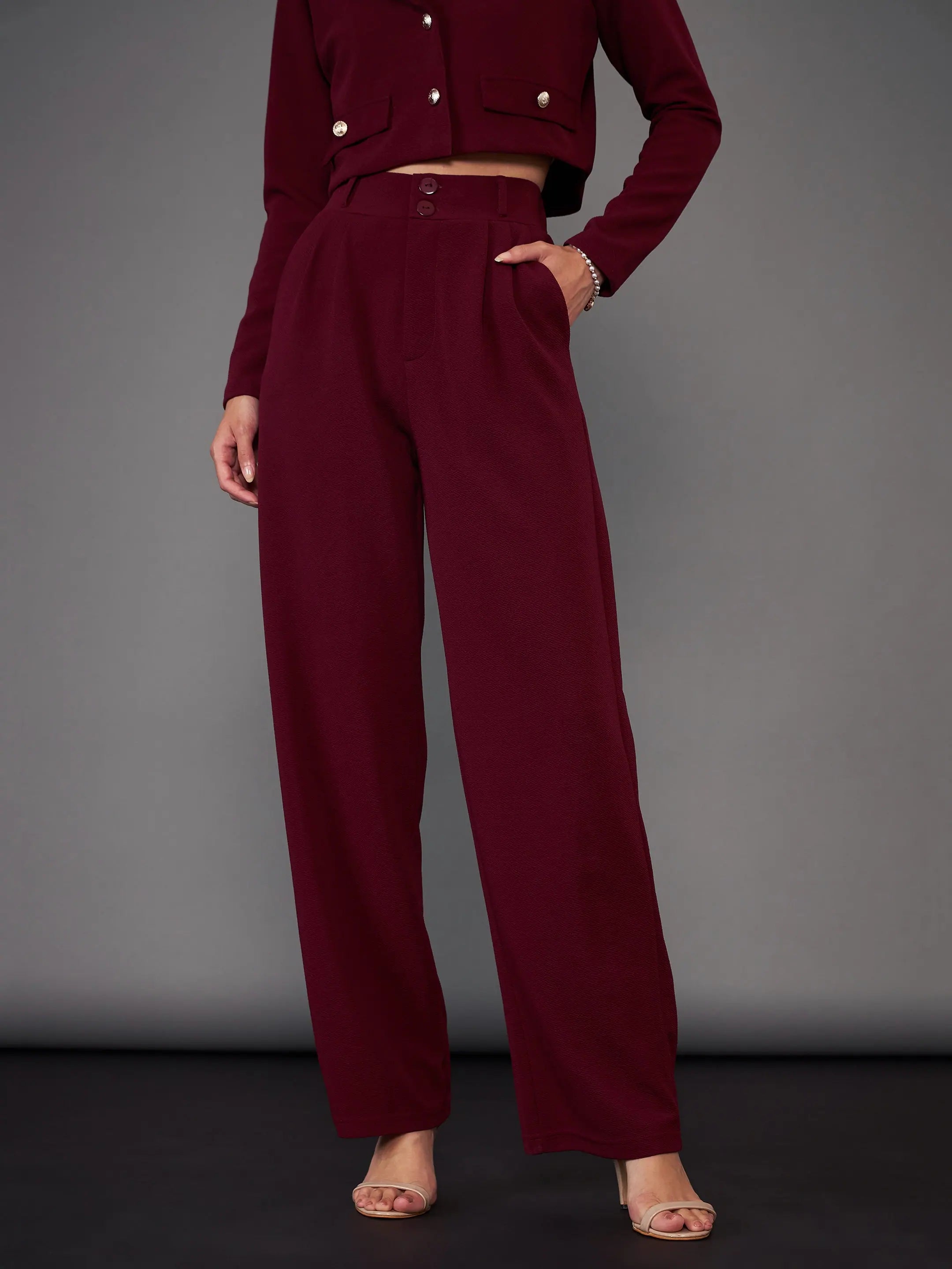 Women Burgundy Pleated Straight Pants Relaxed Casual Leggings