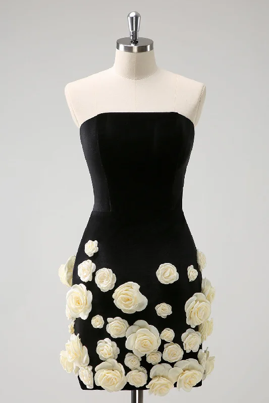 Black Strapless Bodycon Short Homecoming Dress with 3D Flowers Tunics Sophisticated sleek