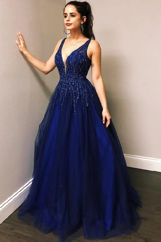 Beaded V-neckline Royal Blue Prom Gown Tulle Skirt denim skirt classic