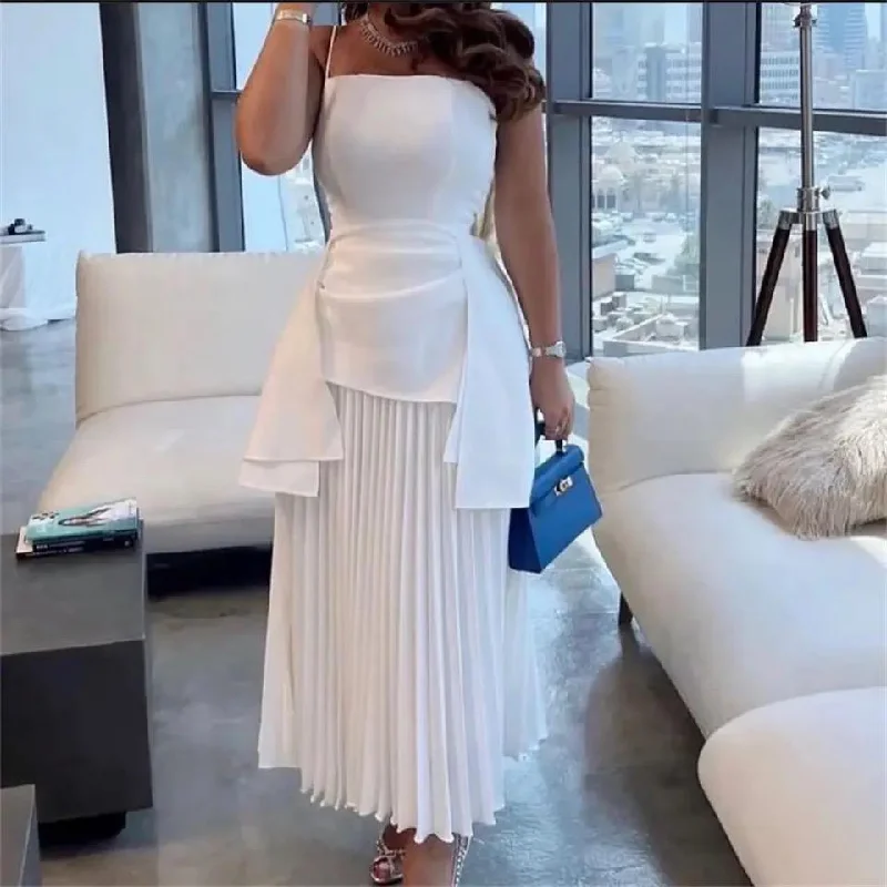 White Strapless Pleated Sleeveless Fashion, Mermaid Long Evening Dress S4913350 Crew Neckline Sporty
