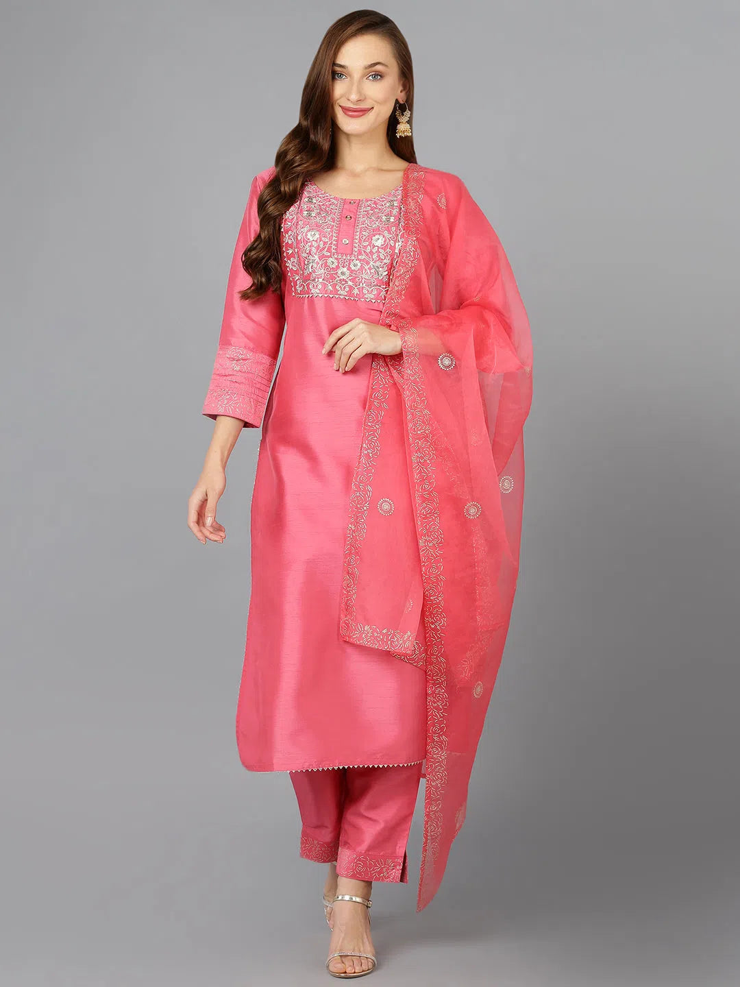Pink Silk Blend Straight Kurta Pant With Dupatta Casual Track Pants