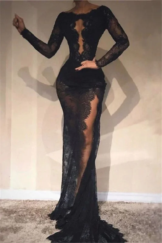 Black Sheath Long Sleeves Mermaid Prom Dresses Lace Evening Dresses DM1973 Tunics Long Elegant