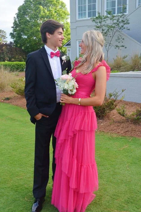 Fashion Straps Hot Pink Long Prom Dresses A-line Tulle Tiered Formal Evening Gown DMP289 Tunics Denim casual