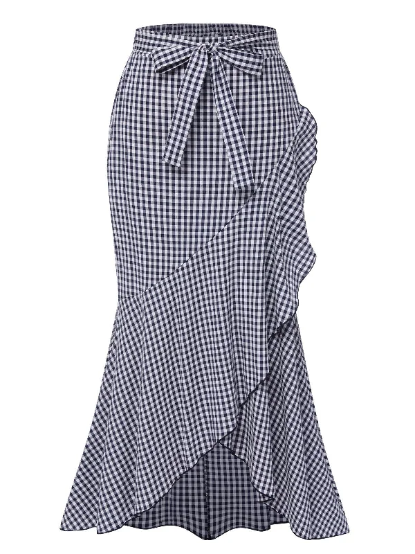 Blue 1930s Plaid Fishtail Skirt velvet skirt plush
