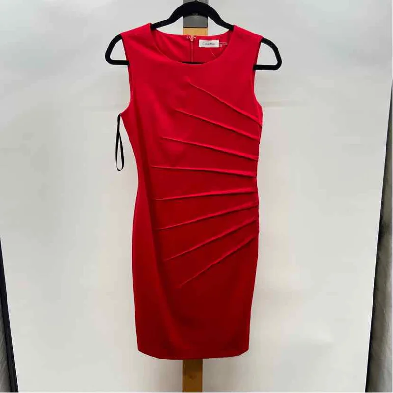 Calvin Klein Women's Size 2P Red Gathers Dress Square Neckline Feminine