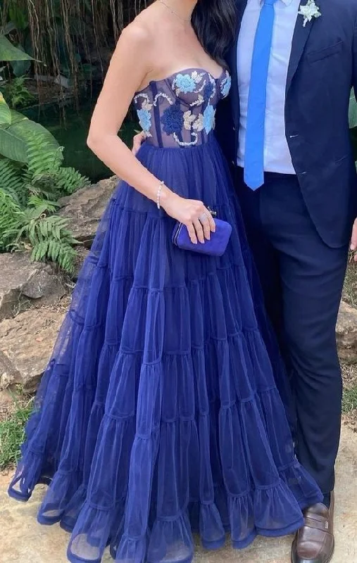A Line Navy Blue Long Prom Dresses, Popular Sweetheart Tulle Evening Dresses DMP269 Turtleneck Warm Winter