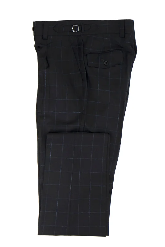 Tiglio Luxe Black with Light Blue Windowpane Semi-Wide Leg Wool Marbella Dress Pants TL5103 Comfy Zip-Up Pants