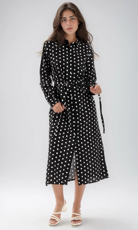 98088 Dotted Long Sleeves Long Bi-Tone Dress - White & Black Tunic Top Casual
