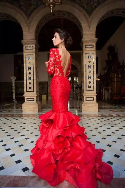 Red Lace Long Sleeves Mermaid Evening Gown with Ruffles Skirt silk skirt lustrous