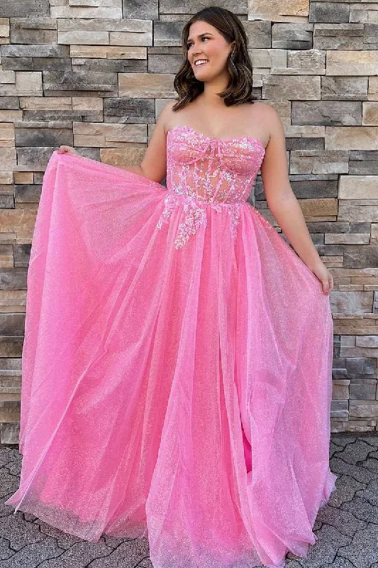 Glitter Strapless Hot Pink Appliques A-Line Prom Dress Evening Gown DMP276 Tunics Lace romantic