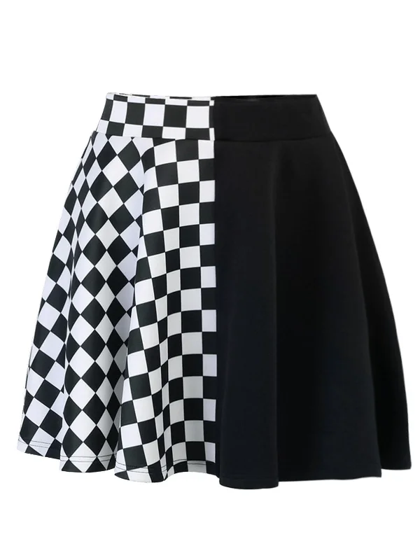 1970s Checks Plaid Ruched Patchwork Skirt casual skirt length
