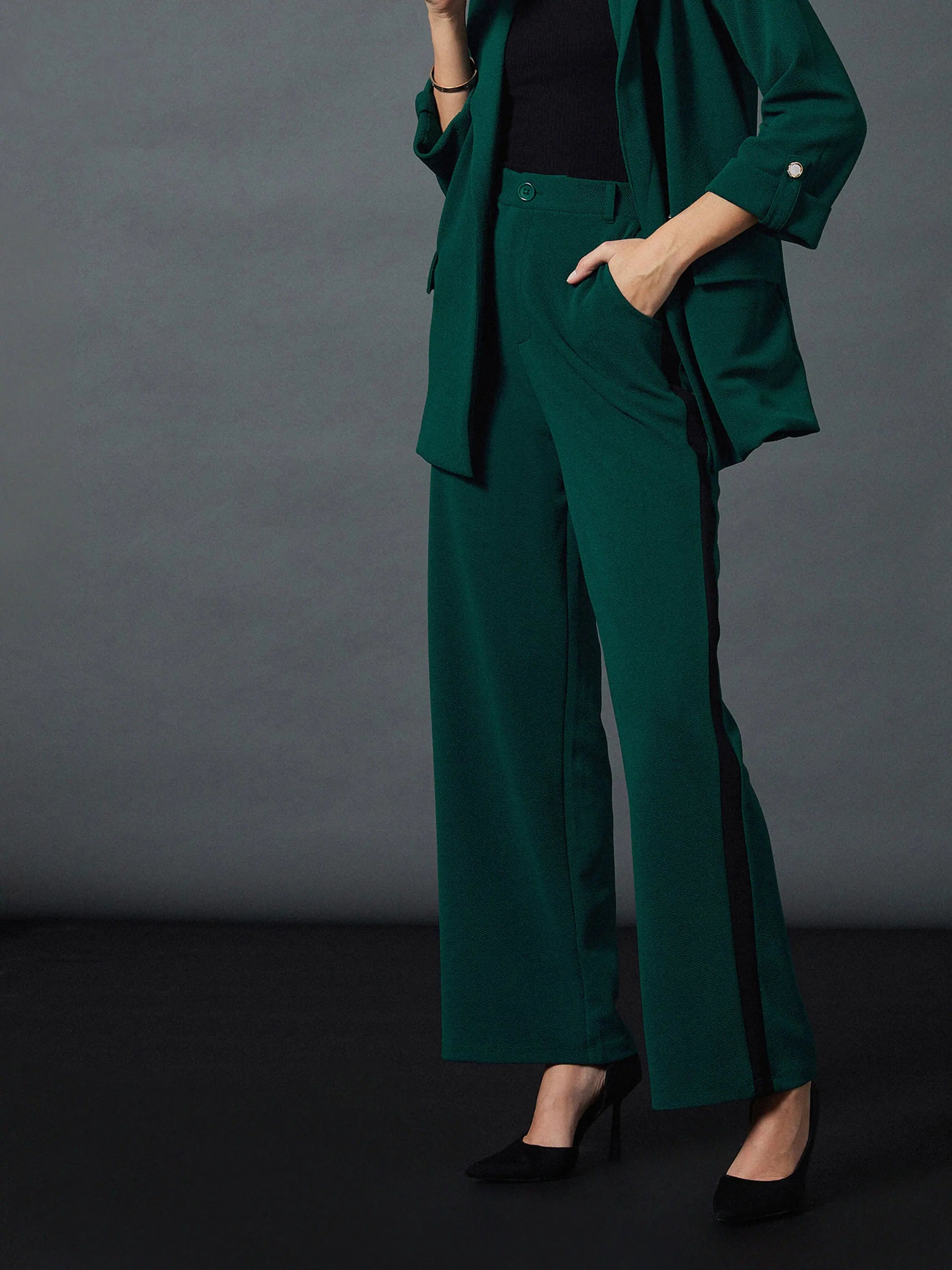 Women Emerald Side Tape Straight Pants Trendy Wide-Leg Pants