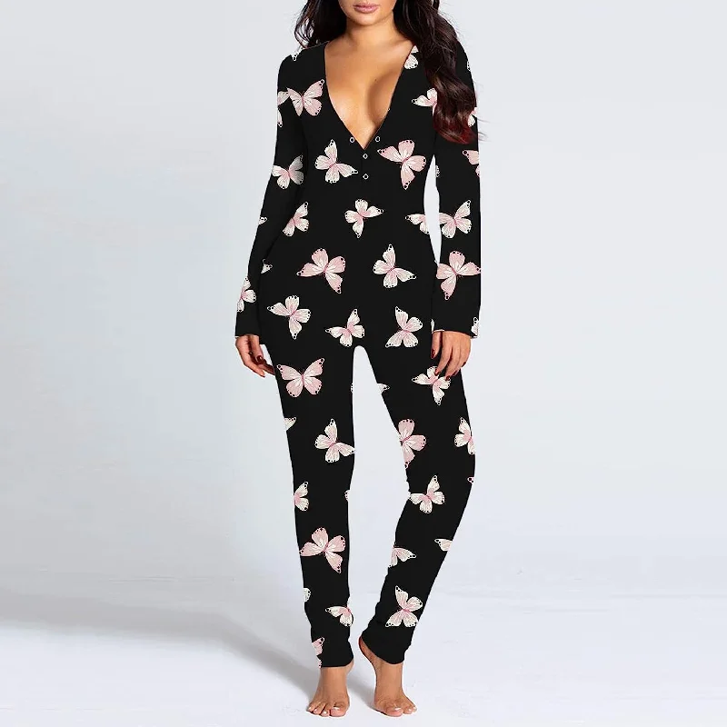 Womens Butt Flap Pajamas Long Sleeve One Piece Jumpsuit Valentine's Day Sexy Deep V Neck Butterfly Rompers S3146145