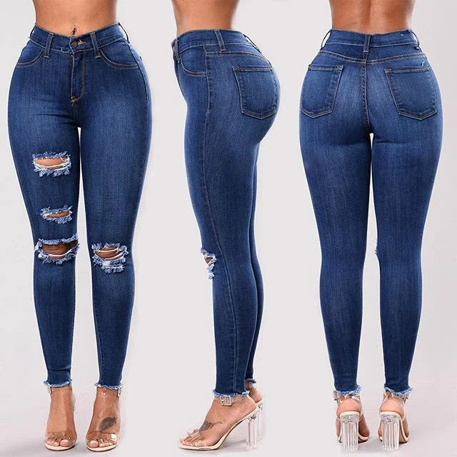 Stretch Hole High-waist Denim Pants Comfy Cargo Trousers