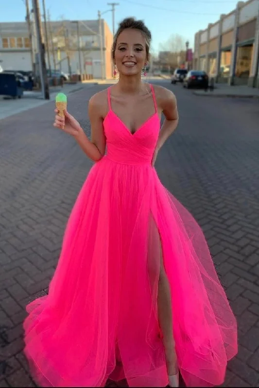Beautiful A-line Spaghetti Straps Tulle Long Prom Dresses Evening Dress DMT4 Tunics Versatile functional