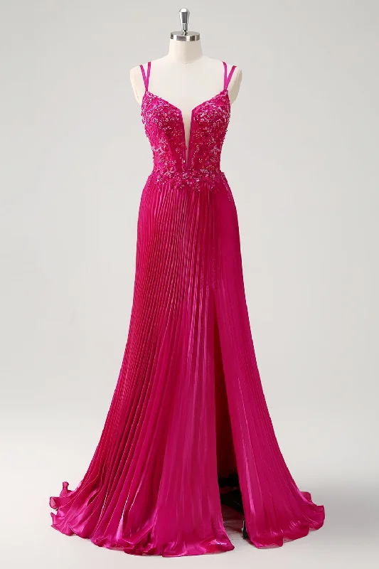Fuchsia Sheath Spaghetti Straps Pleated Long Corset Prom Dress with Appliques Tunics Long Elegant