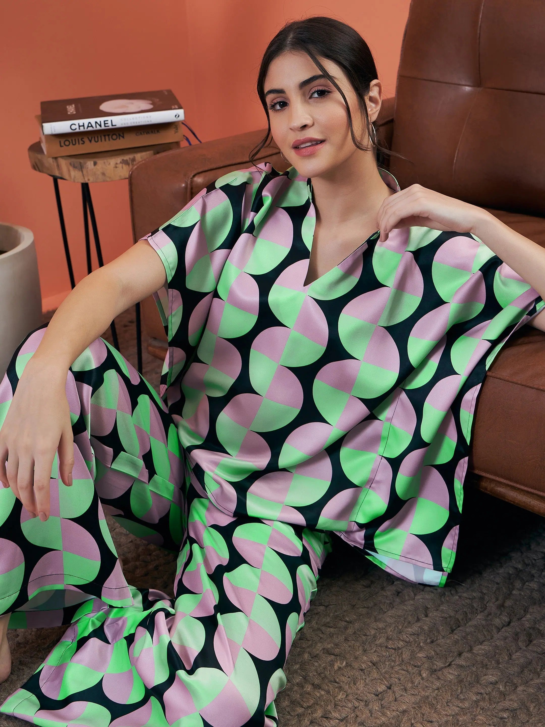 Women Black Satin Abstract Printed Kaftan Top With Lounge Pants Fashionable Sporty Pants