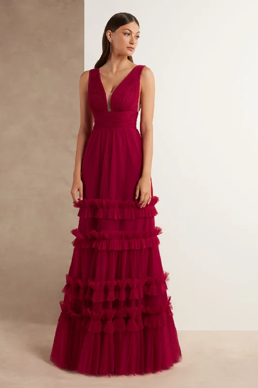 V-neckline Tulle Prom Gown with Ruffled Skirt high waist skirt