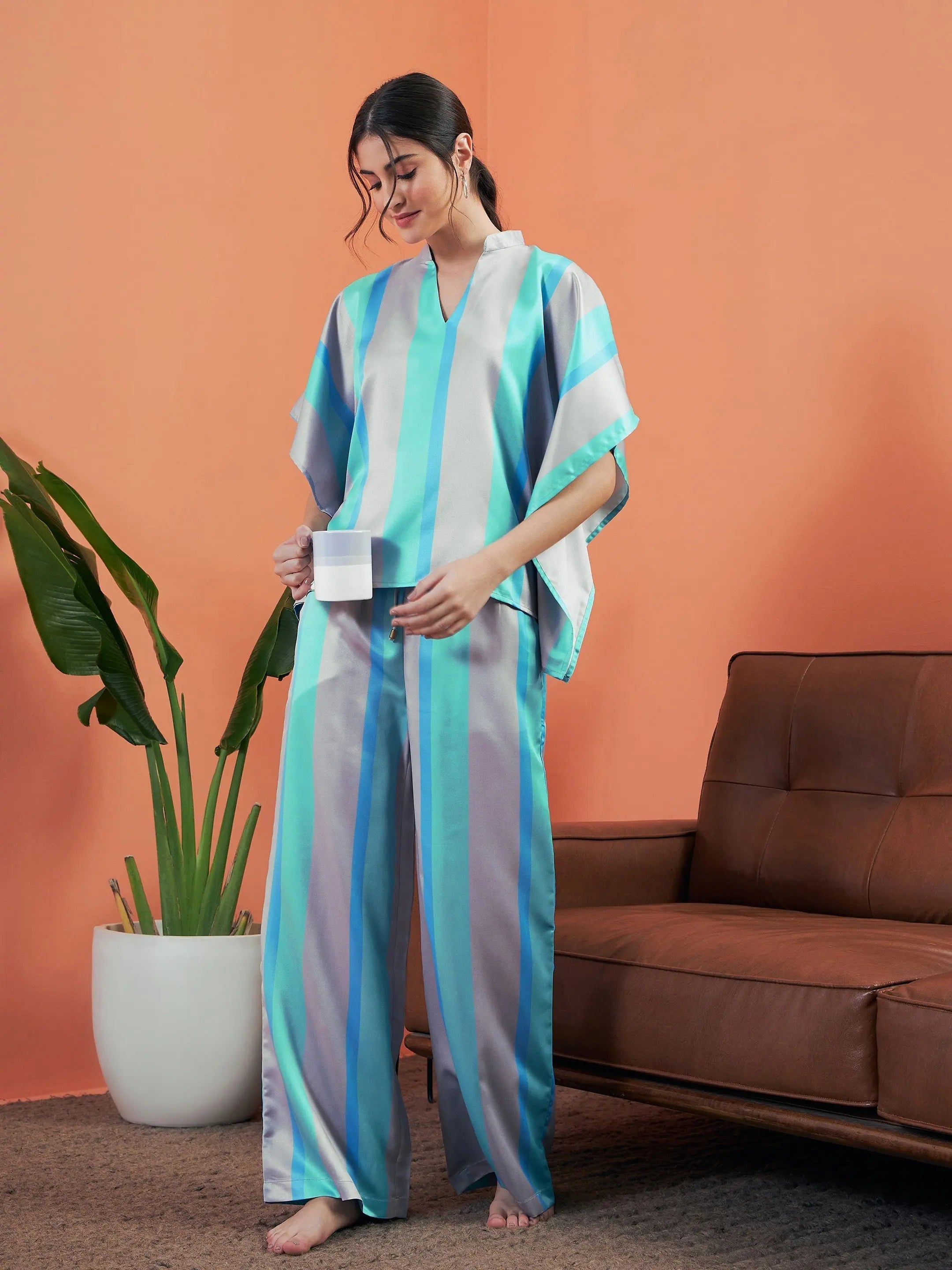 Women Sea Green Satin Stripe Kaftan Top With Lounge Pants Modern Stretch Trousers