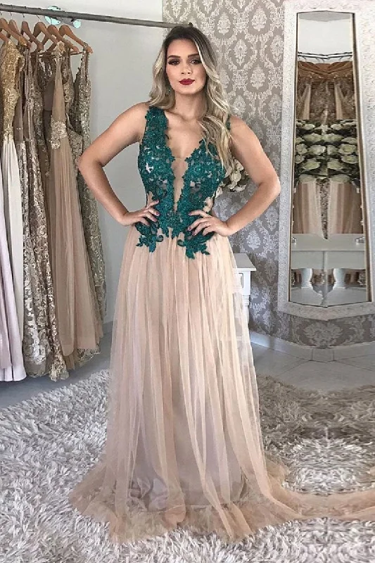 A Line Tulle V Neck Long Prom Dresses With Green Appliques DMP96 Tunics Bestseller popular
