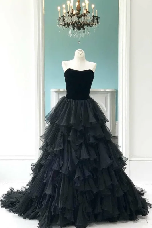 Velvet Strapless Black Prom Gowns with Pleated Tiered Skirt zip skirt side