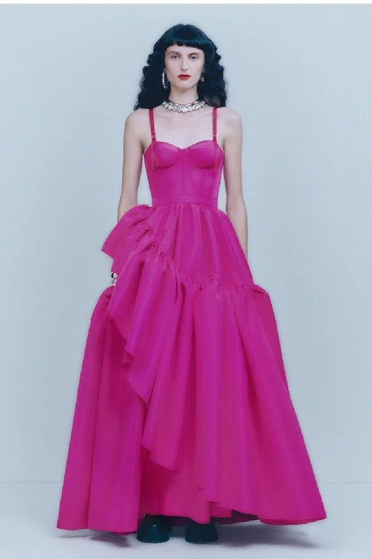 Long Fuchsia Prom Gown with Irregular Skirt flowy skirt hem