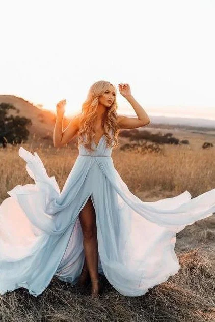 Elegant Chiffon V-neck Prom Gowns with Slit Cut Skirt asymmetrical skirt cut