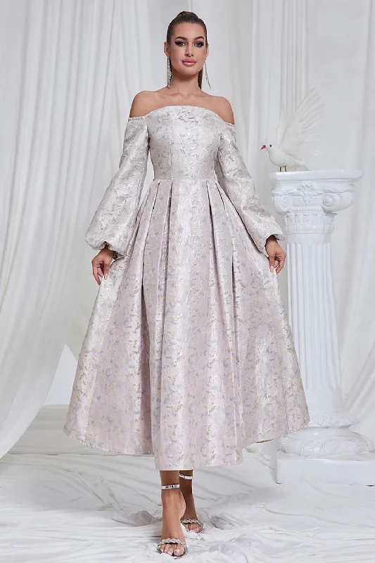 Lilac Pleated Off the Shoulder A Line Long Prom Dress with Long Sleeves Tunics New arrival
