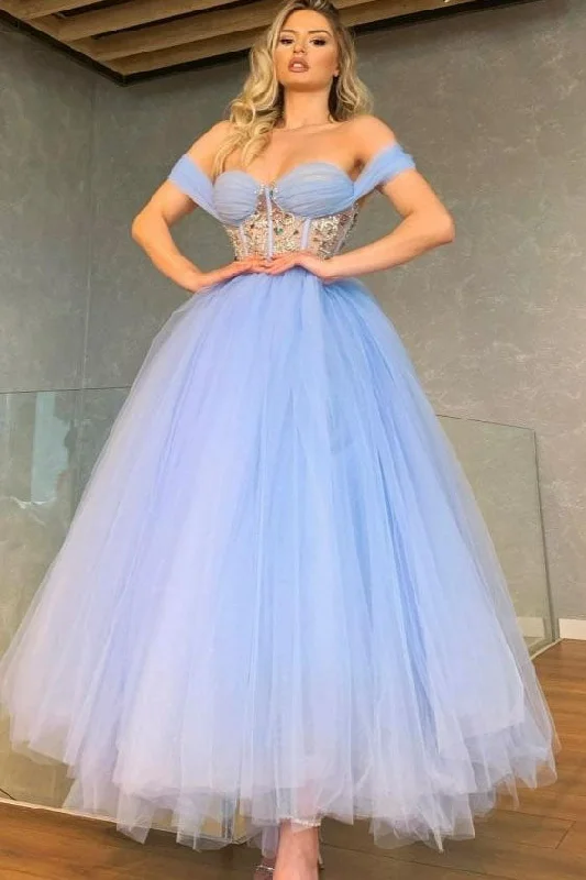 Unique Off-the-Shoulder Sweetheart Cristal A Line Tea Length Tulle Prom Dress DM1955 Tunics Luxurious high-end