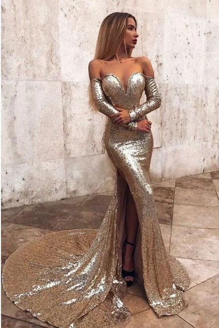 Mermaid Long Split Prom Dress Gold Sequined Evening Dress with Sleeves DMP6 Tunics Spring floral