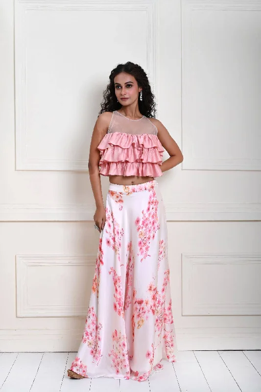 Pink Ruffle Top with Off white Printed Skirt in Satin Organza ribbed skirt waist