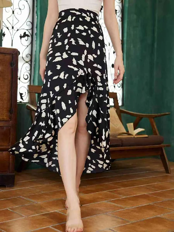 Printed Ruffled Front Slit Skirt linen skirt breathable