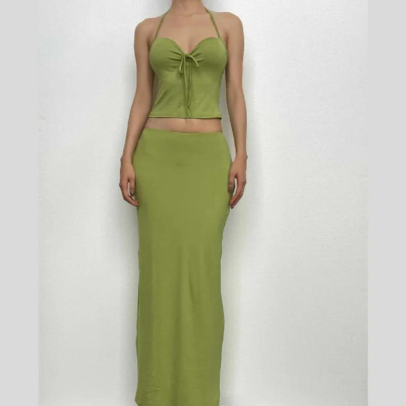 BerryBetty - Halter sweetheart neck backless padded solid maxi skirt set lace skirt romantic